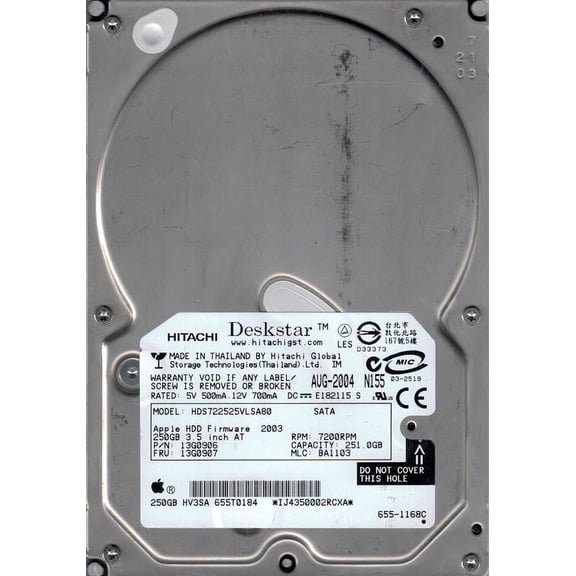 HDS722525VLSA80 P/N: 13G0906 MLC: BA1103 MAC 655-1168C Hitachi 250GB