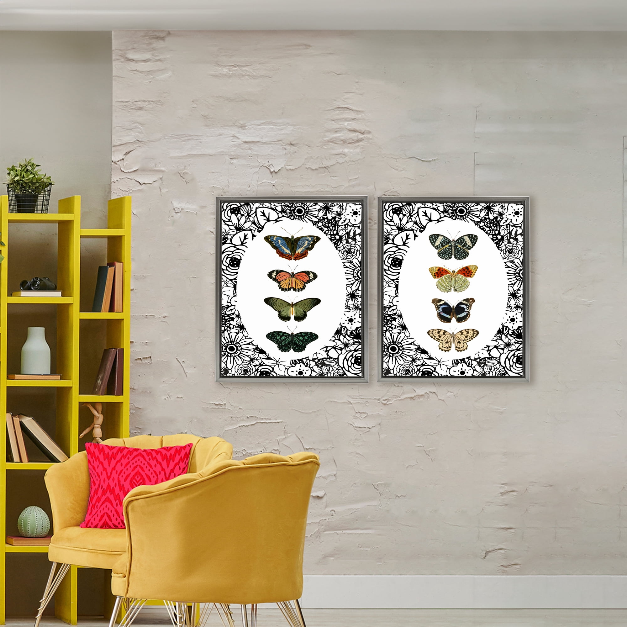Stupell Industries Floral Butterflies Lineup 2 Piece Gray Framed Floater Canvas Set, design by Dan Meneely