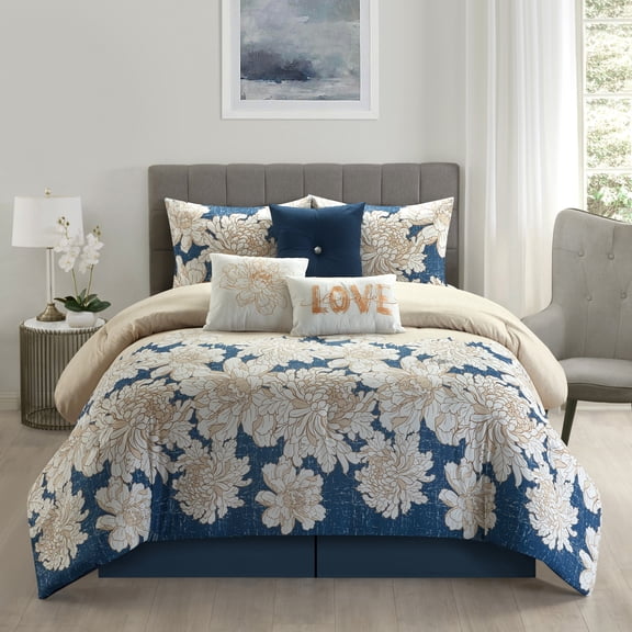 Nanshing Flora Floral Print 7-Piece Comforter Set, King, Blue