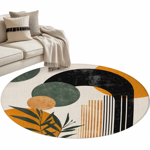 Boho Middle Century Round Rug 3ft Area Rug Washable Soft Non-Slip 3' Circle Low Pile Rugs Abstract Orange Geometric Leaves Carpet for Bedroom Living Room Entryway Home Office Dining Room