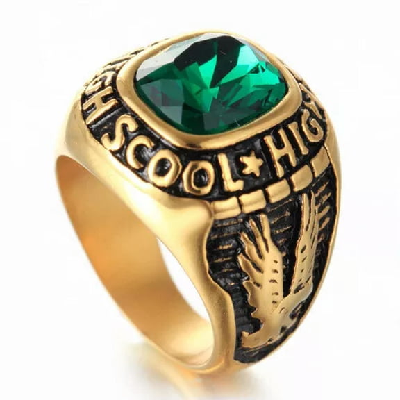 HOOUN Men Women High School Ring Stainless Steel Green CZ Vintage Biker Punk Ring Gold-9