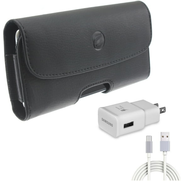 Holster Leather Case Belt Clip with 6ft USB Cable Type-C Fast Home Charger for Samsung Galaxy A71 5G A70 A52 5G A42 5G A32 5G A21 A13 5G A12 5G A11 A03s A02s