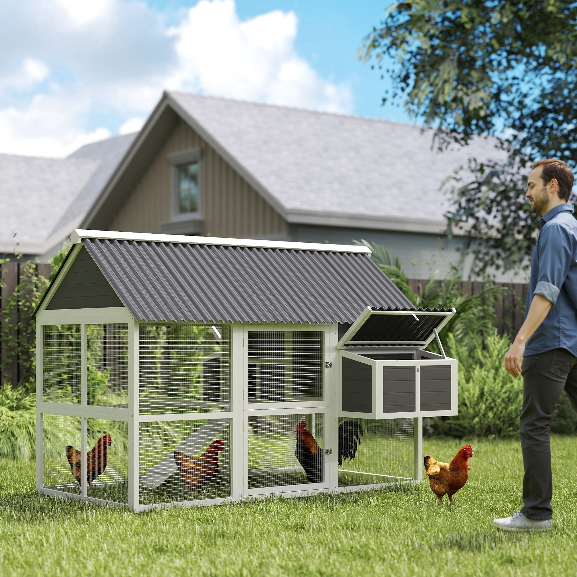 PawHut Chicken Coop with Run, Large Wooden Chicken House with 2 Nesting Boxes, 2 Roosting Bars, Ramp & Tray, Poultry Cage for 4-6 Chickens, Gray