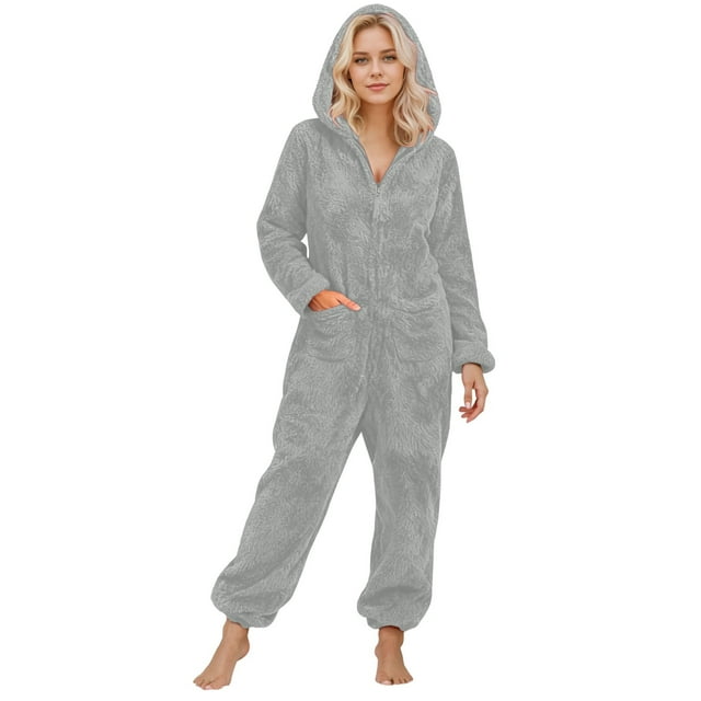 GPOECD Combinaison Pyjama à Capuche Duveteuse pour Femmes, Manches Longues, avec Poches, Pyjama d'Hiver pour Femmes, Chaud, Gris Pâle, m