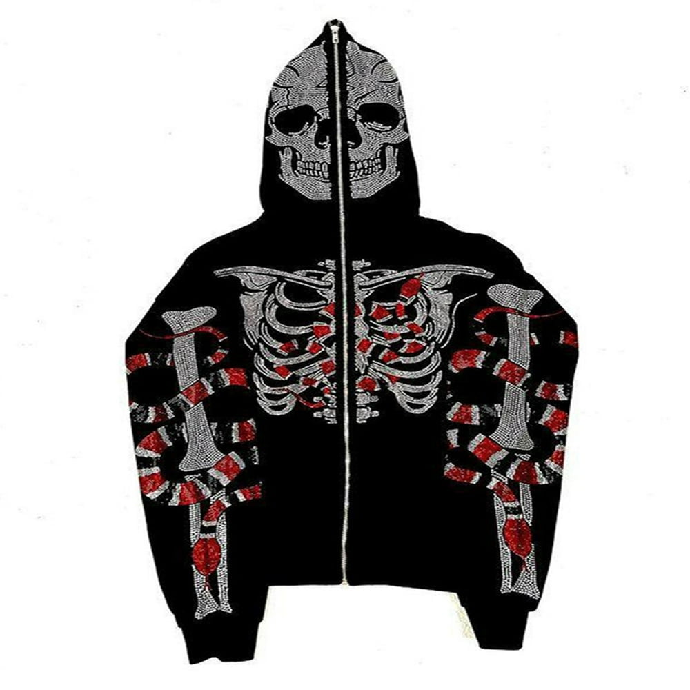 Y2k Skeleton Full Zip Up Hoodies Women Men Rhinestone Skull