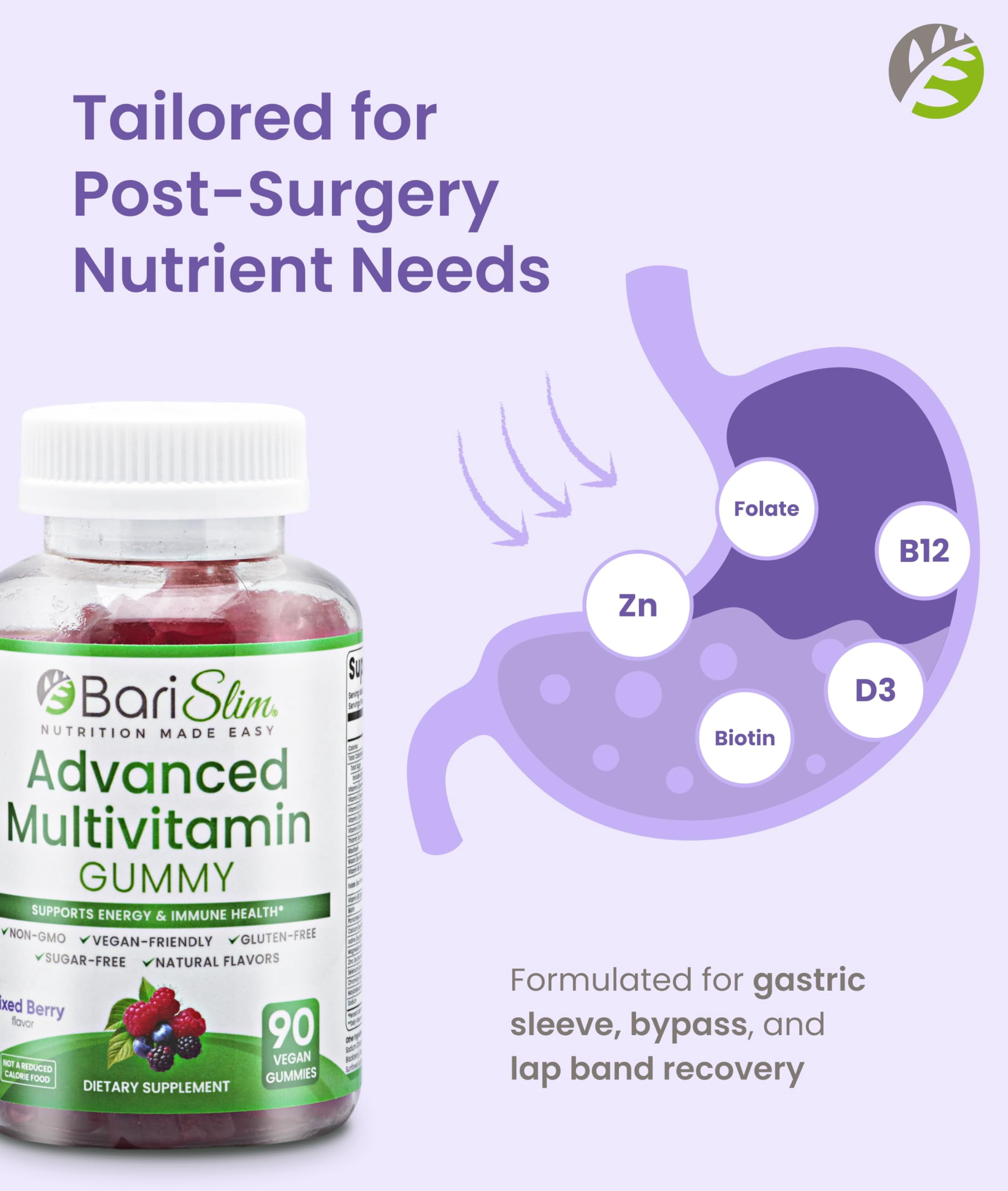BariSlim  Advanced Bariatric Multivitamin Gummies for Energy & Immune  Support, Mixed Berry Flavor, 90 Count, 10.6 oz, Adult
