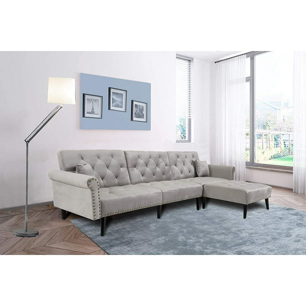 3 Seat Sofa Bed Set L Shape Sleeper Couches Sectional Couch Convertible Velvet Adjustable Back Corner W Extra Wide Chaise Lounge Light Grey Com 3 Seat Sofa Bed Set L Shape Sleeper, Extra Wide Seat Sofa