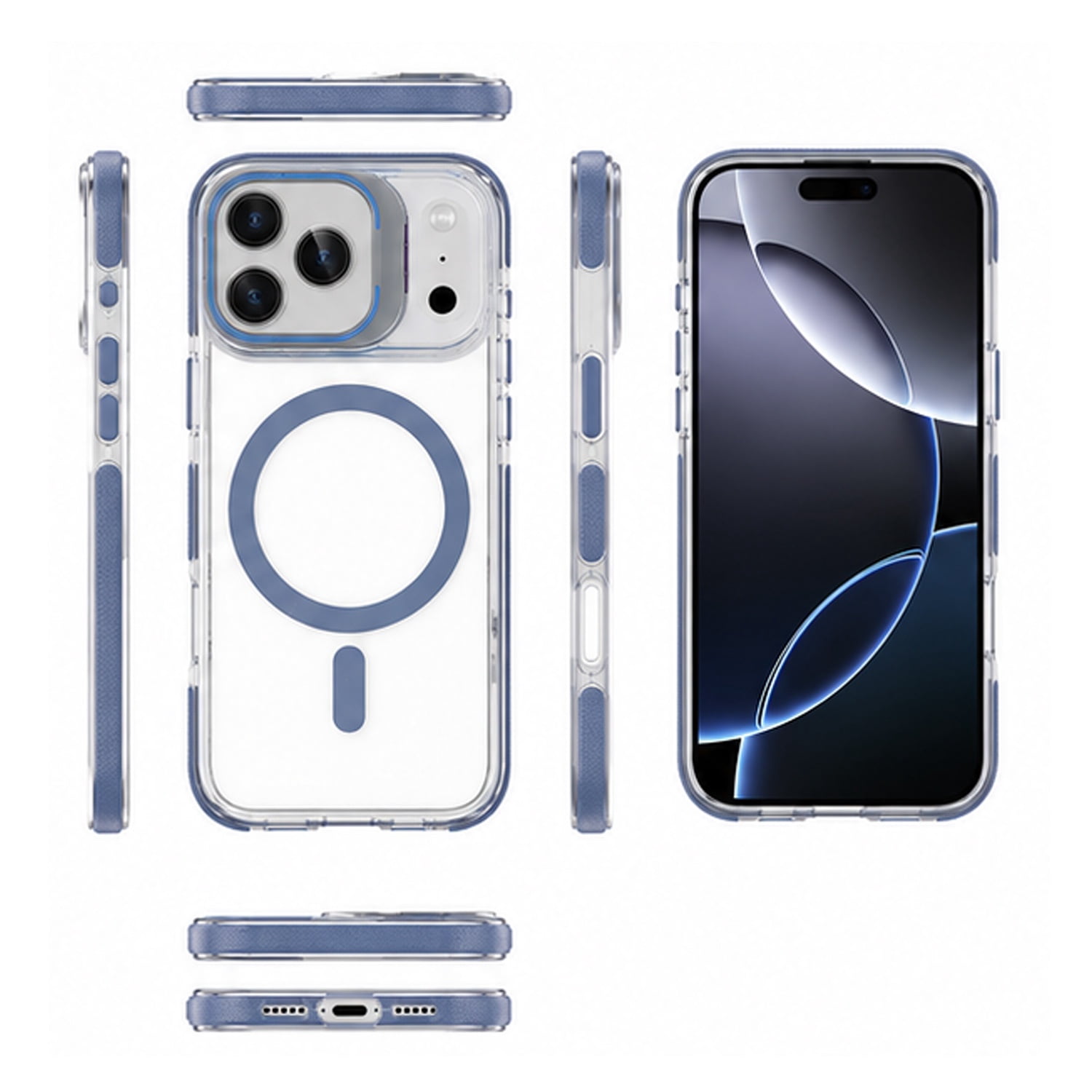 Thin Clear Magnetic Case with Camera Ring Stand for iPhone 17 Pro Max - Blue