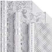 Silver Wrapping Paper Roll - Mini Roll - Floral/ Bellflower/ Plaid for Wedding, Bridal Shower, Birthday - 17 x 120 inches - 3 Rolls (42.5 sq.ft.ttl.)