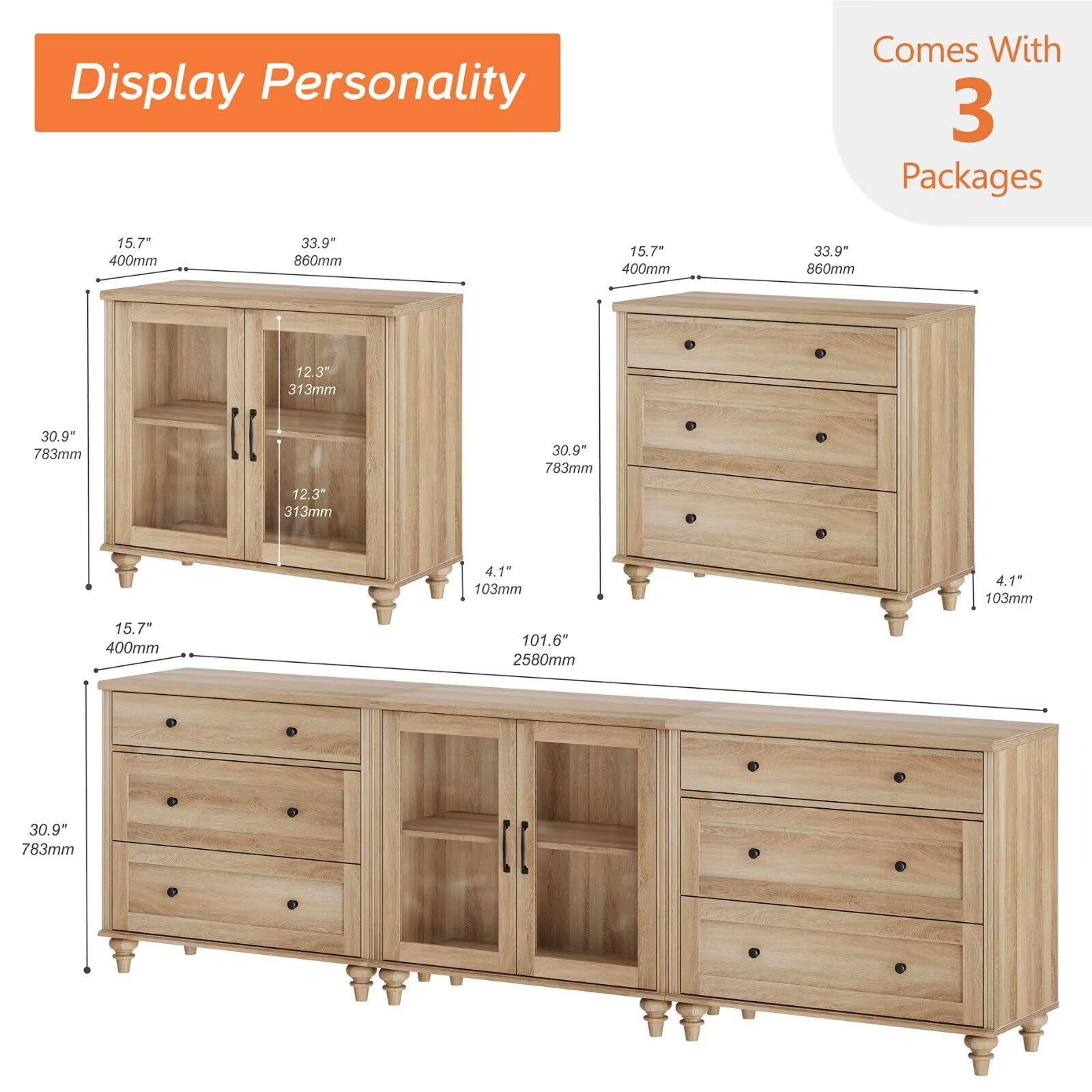Farmhouse TV Stand, 3-in-1 TV Console Table for 75/80/85/90-Inch TVs, Entertainment Center with Drawer & Glass Door, Oak