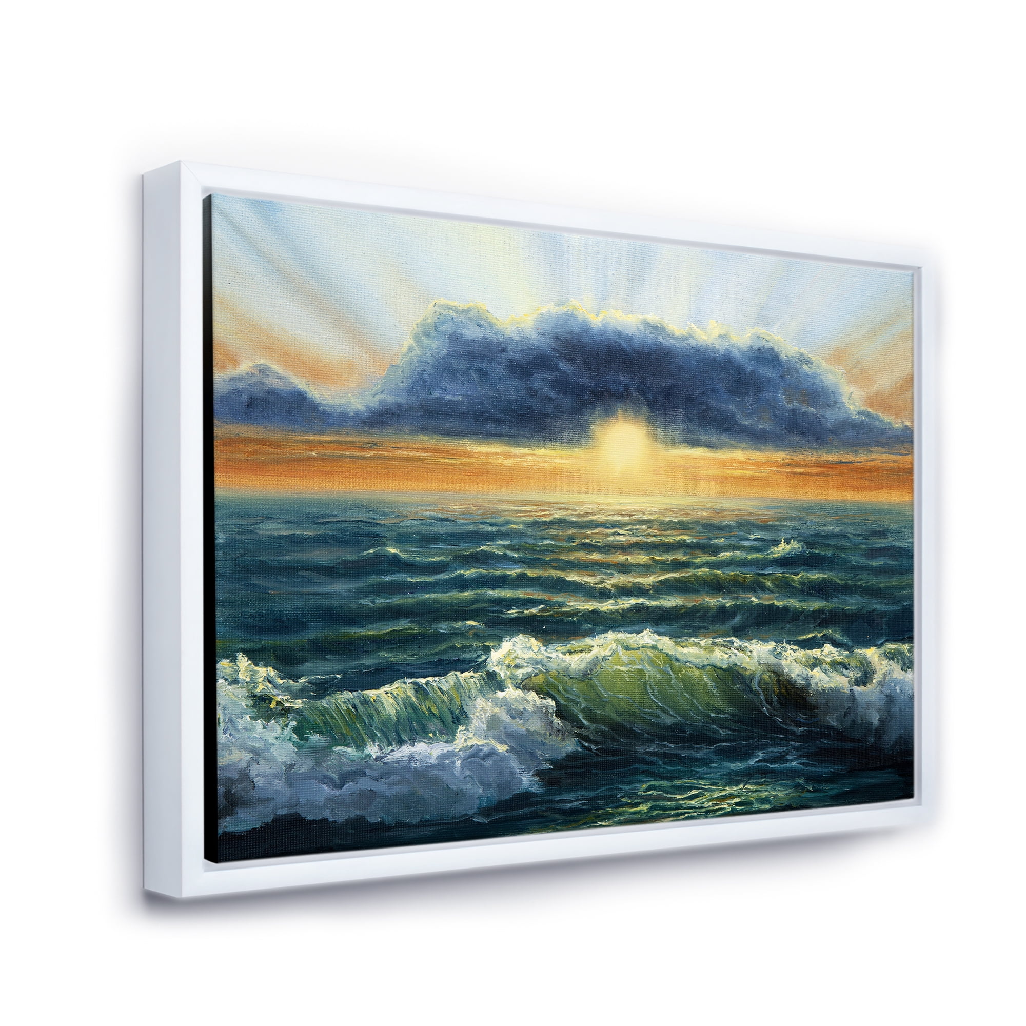 Designart 'The Blue Ocean In Sunset Evening I' Nautical & Coastal Framed Canvas Wall Art Print