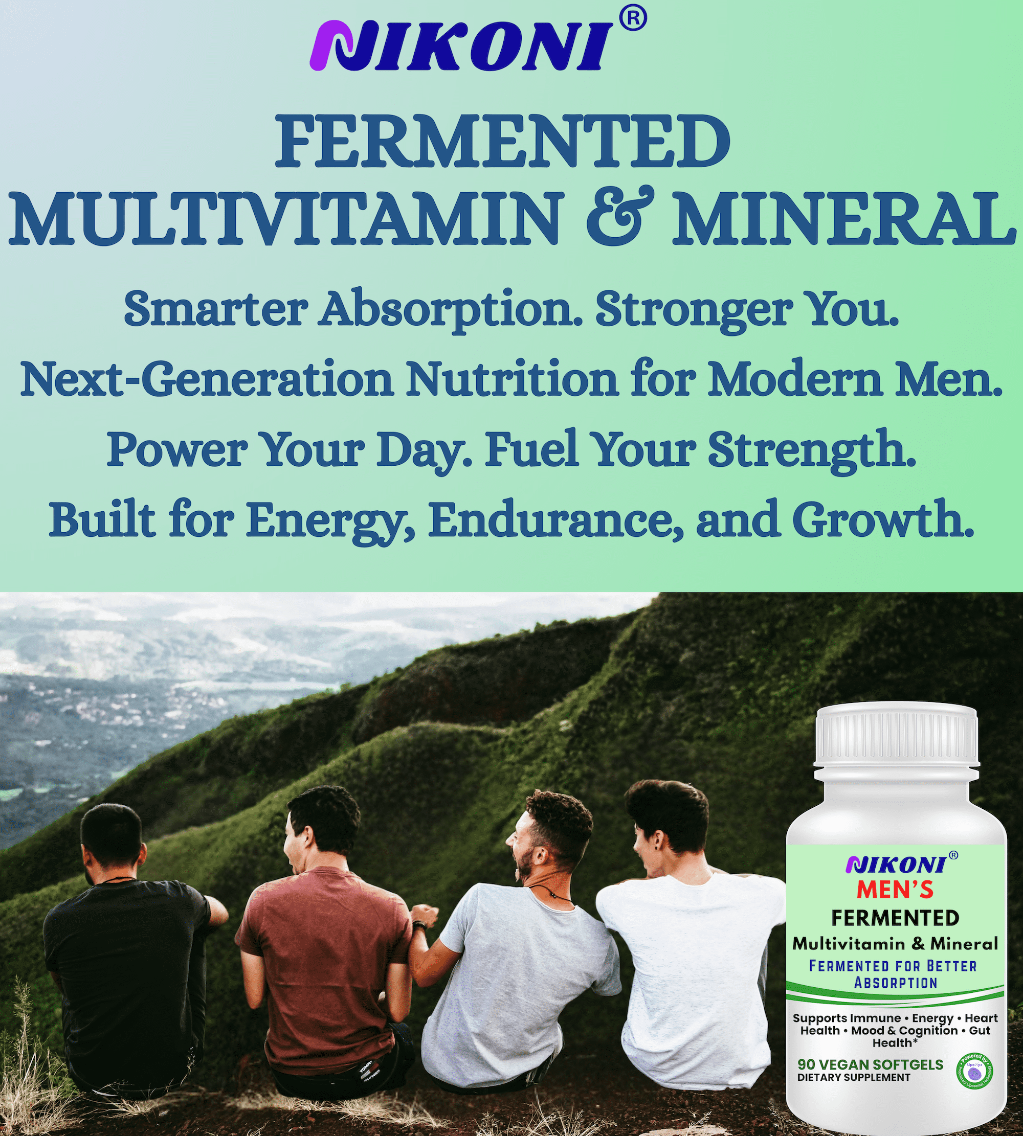 Nikoni Men's Fermented Multivitamin and Mineral Supplements Vegan Softgels Fermented for Better Absorption 90 Count