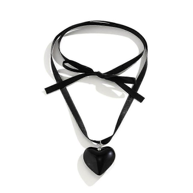 Big Heart Pendant Necklace Boho Knotted Bowknot Silk Ribbon Adjustable Chain--Black-Product code 43260 Black