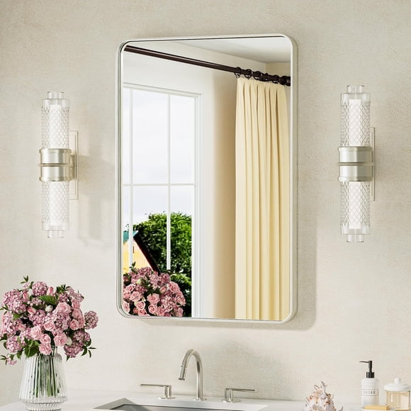 TETOTE 20 x 30 Inch Brushed Nickel Bathroom Mirror Brushed Nickel Metal Framed Mirror, Tempered Glass, Modern Farmhouse Wall Mounted Mirror for Decorative(Horizontal/Vertical)