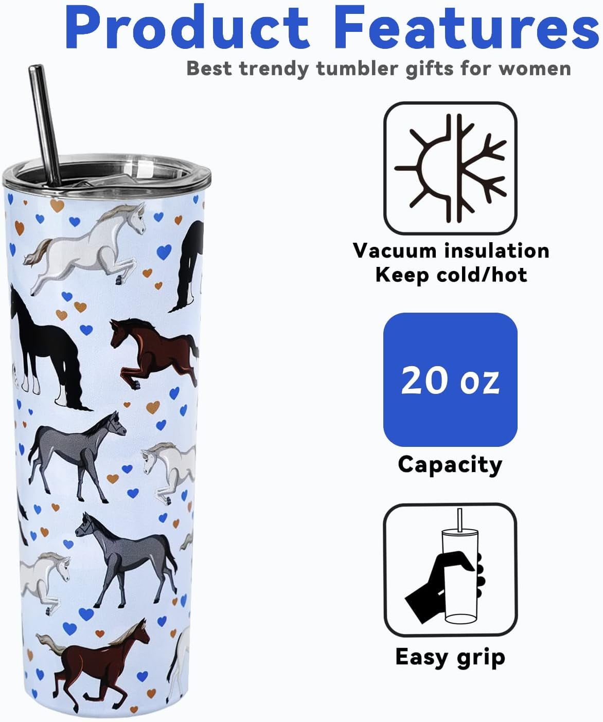 Horse Tumbler with Straw and Lid, Horse Gifts for Girls Women, Funny Horse Coffee Mug/Cup, Horse Stuff, Supplies, Accessories, Decor - Equestrian Gifts for Horse Lovers, Horse Owner Gift, Horse Cup