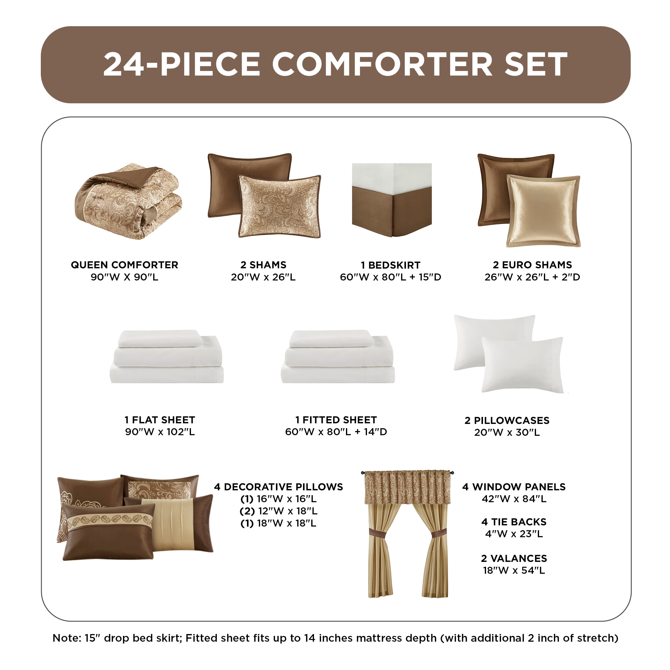 Regency Heights 24PCs Traditional Paisley Jacquard Comforter Set with Window Curtains,Room in a Bag,Queen,24 Pieces-Brown