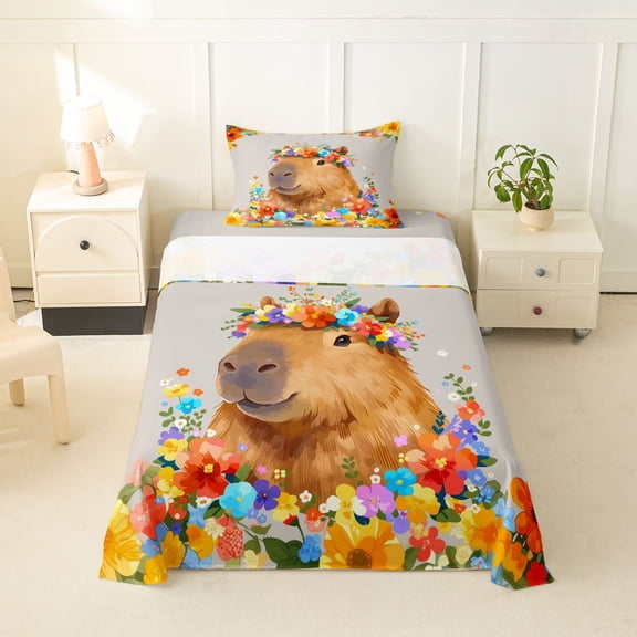 Manfei Cartoon Capybara Twin Sheets,Cute Wildflowers Pattern Bedding,Multicolor,3pcs,1 Fitted Sheet and 1 Pillowcase