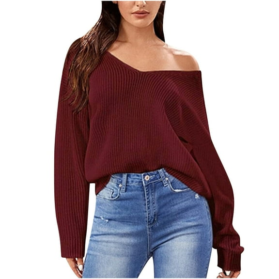 JINMGG 2024 Fall Winter Plus Size Sweaters for Women Clearance,Women's Fashion Loose Elastic Solid Color Sexy Strap V-neck Sweater Tops