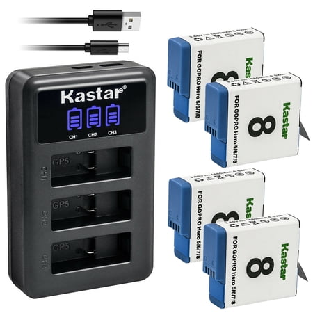 Kastar 4 Pack Battery and LCD Triple USB Charger Compatible with Gopro Hero 8 Action Camera Hero 7 Action Camera Hero 6 Action Camera Hero 5 Action Camera Hero8 Hero7 Hero6 Hero5 HERO Camera