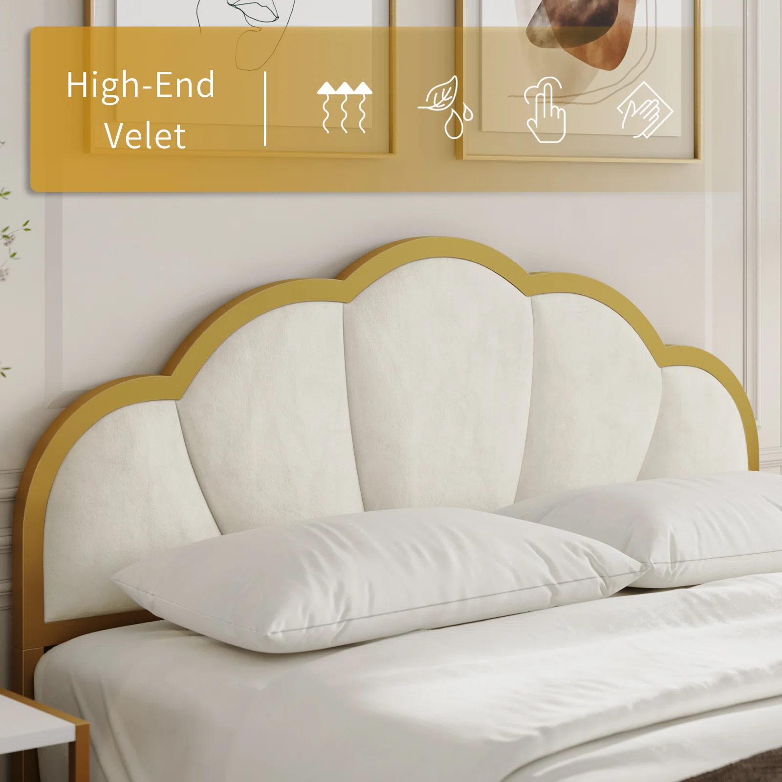 Homfa Queen Size Bed Frame, Golden Velvet Upholstered Platform Bed  with Headboard for Bedroom, Seashell Bed for Kids Girls, Beige - image 5 of 10