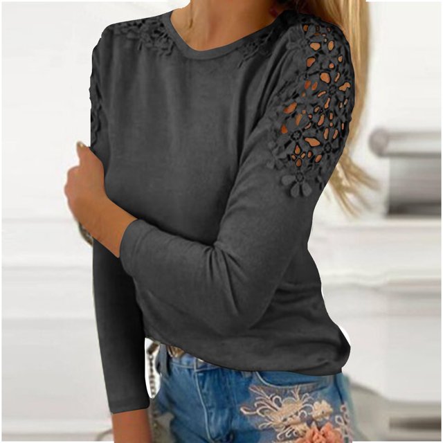 UANWENN T-Shirt à Manches Longues Col Rond Couleur Unie Couture Creuse Léger pour Entraînement T-Shirts à Manches Longues pour Femmes Coupe Décontractée Haut Manches Longues Polyester
