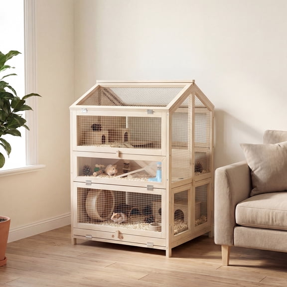 PawHut Wooden Hamster Cage, Large 3 Tier Hamster Cage with Pull-Out Tray, Hut, Seesaws, Ramps, 26.8" L x 24.2" W x 35.4" H
