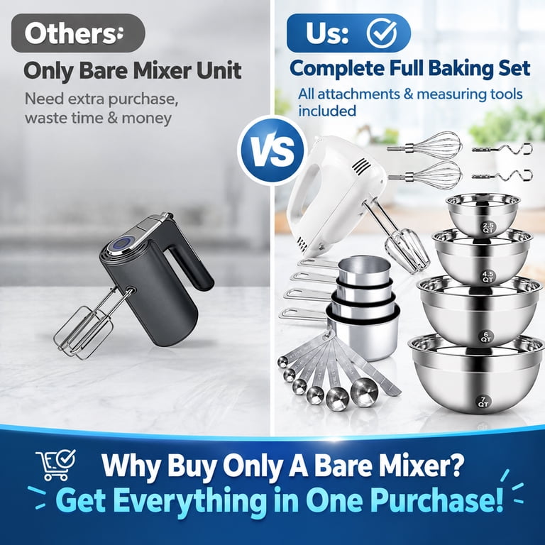 KOSBON Electric Hand Mixer Mixing Bowls Set, Upgrade 5-Speeds Mixers with Silver Nesting Stainless Steel Mixing Bowl, Measuring Cups and Spoons Whisk