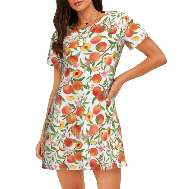 Disketp Fruits Peach2 para Camisón Corto de Manga Corta para Mujeres, Camisón Cómodo con Escote Redondo, Bonito y Confortable