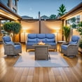 thumbnail image 2 of PARKWELL 5 Pieces Outdoor Patio High Back Furniture Set with Fire Pit Table, Luxury 6" Thick Conversation Set with Swivel Glider Chairs,Wicker Seating Set for Deck, Backyard,Brown/Navy, 2 of 13