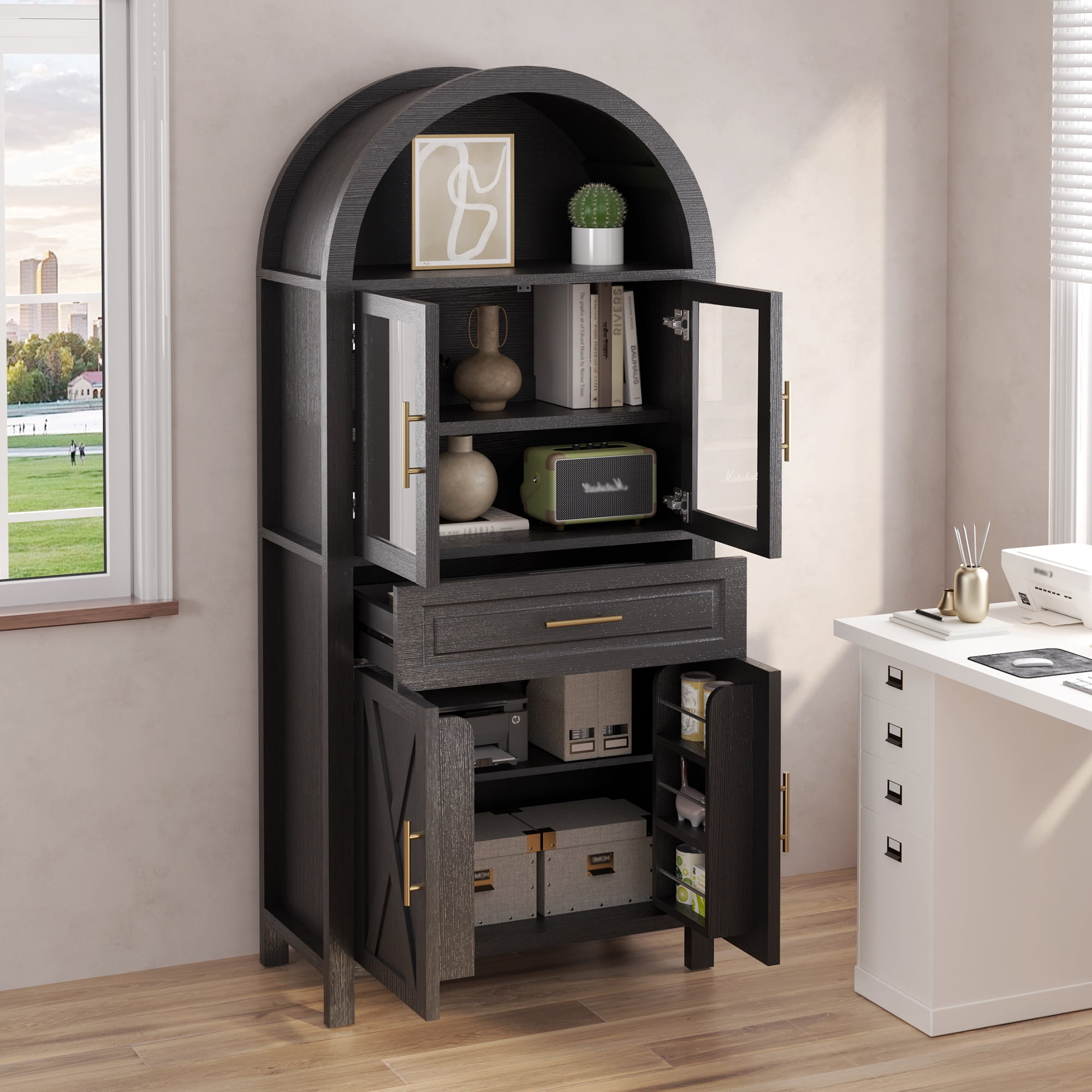 Mintazer Arched Farmhouse Kitchen Pantry Cabinet with Glass Doors, 71" Tall Freestanding Storage with Adjustable Shelves & Drawer for Kitchen Living Room Dining Room, Black