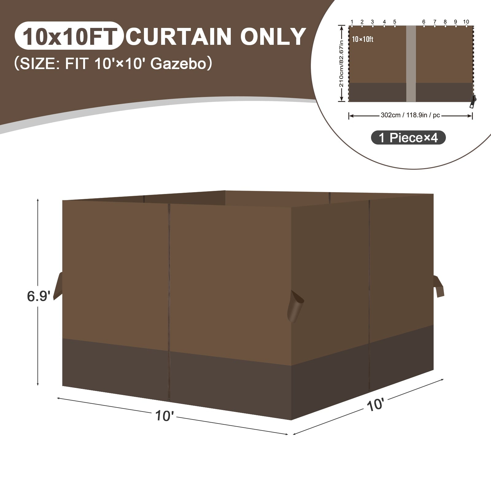 Aoodor 10' x 10' Gazebo Curtain Set Protecting Privacy Side Walls 4 Panels, Curtain Only - Brown and Coffee