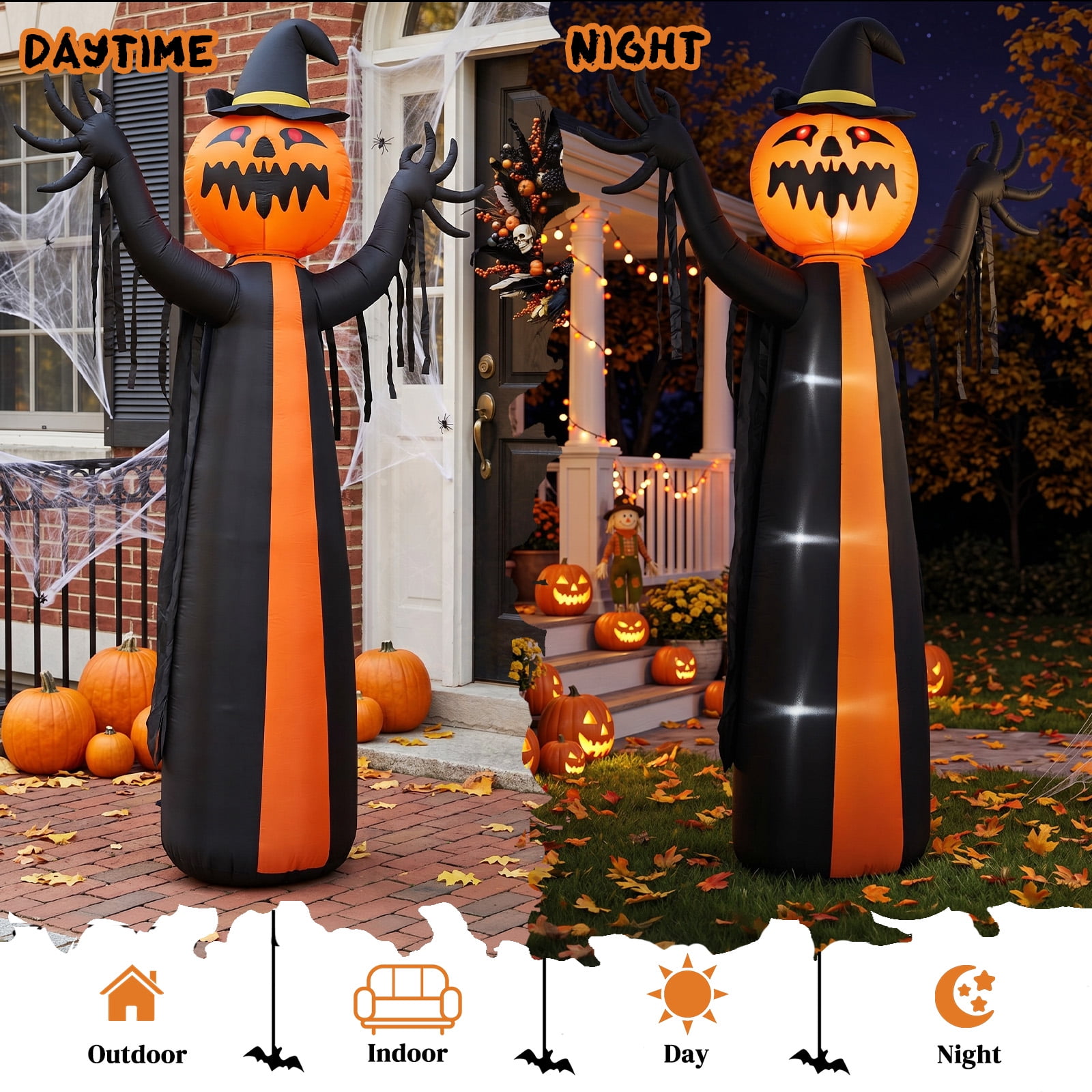 Astoutdoor 10 ft Inflatable Halloween Pumpkin Ghost with Rotatable Head and Cape, 6 Built-in LED Lights, Black and Orange, 12V 2000mA US Power Adapter