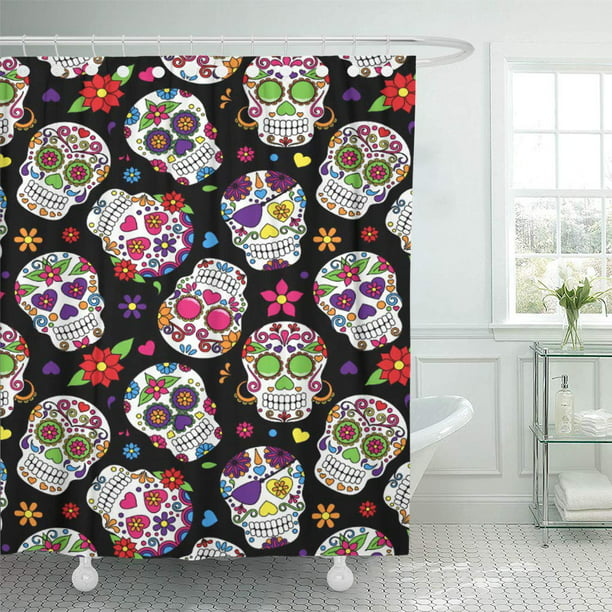 Cynlon Pink Pattern Colorful Sugar, Pink And Black Skull Shower Curtain