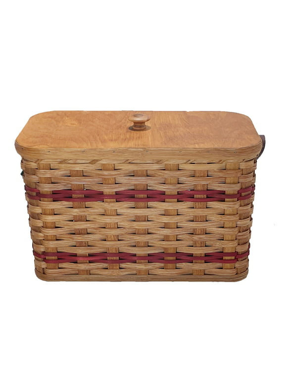 Amish Baskets and Beyond Oak Bread Box Storage Basket Leather Handles
