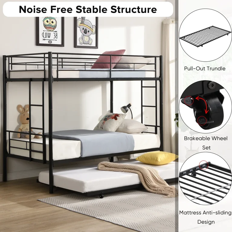Heavy Duty Kids Twin Over Twin Metal Bunk Bed with Flat Ladder Safety Guardrail Convertible Trundle Bed Frame for Dorm Bedroom Guest Room No Box