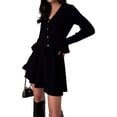 thumbnail image 3 of Women'S Two-Piece Knit Set Long Sleeve V-Neck Sweater with Ruffle Hem Mini Skirt Loungewear, 3 of 7