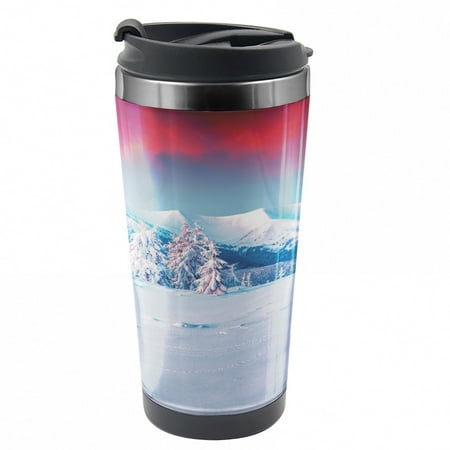 

Landscape Travel Mug Sunset Snowy Winter Steel Thermal Cup 16 oz by Ambesonne