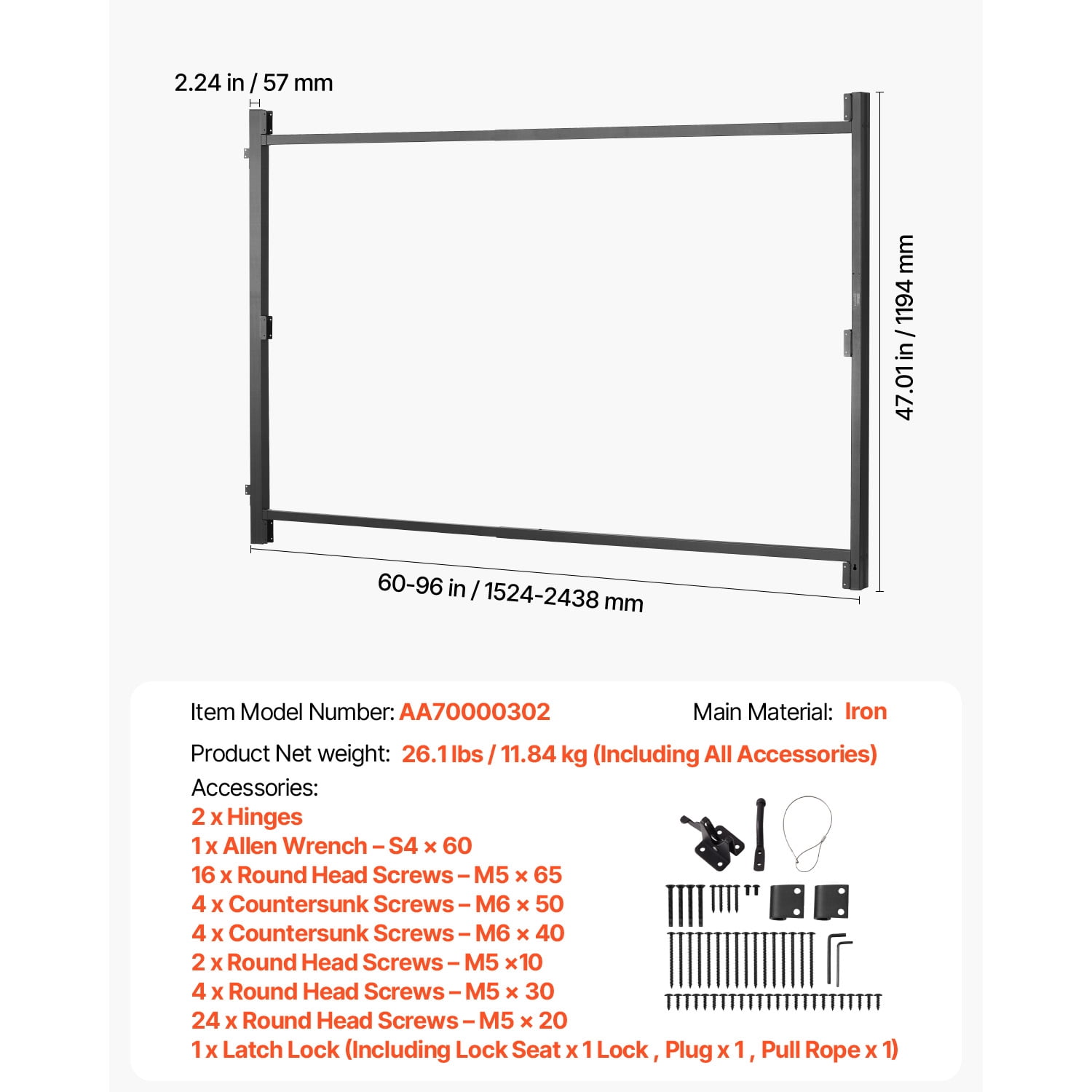KFFKFF Gate Construction Set, Suitable for 60 to 96 in Broad Passages, Rises from 4 to 5 ft Tall Barrier, Modifiable Gate Construction Set, Sag-Resistant Complete Gate Frame Set with Latch Lock