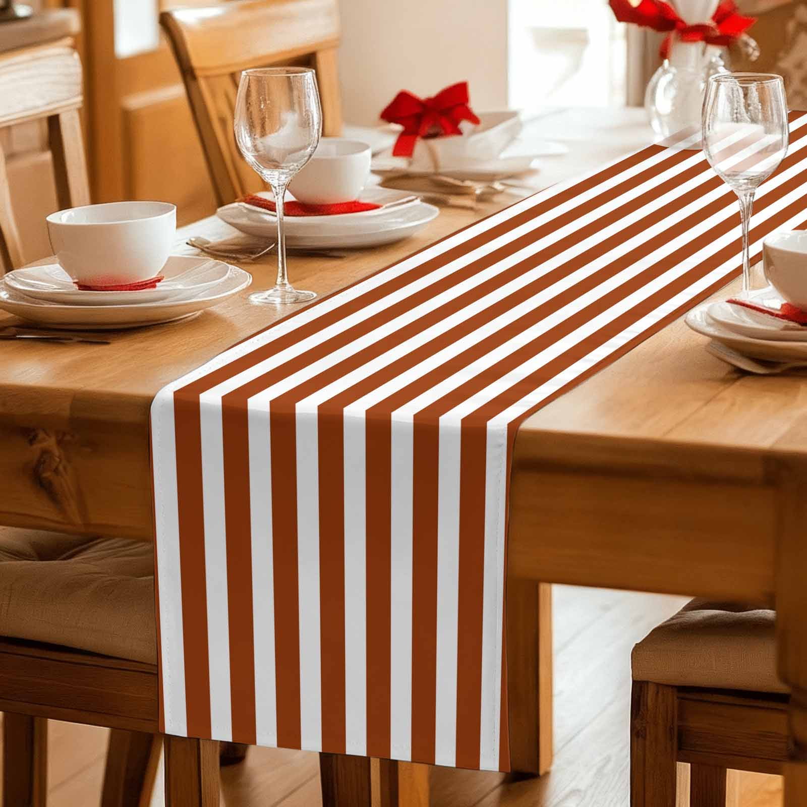 Burnt Orange Stripe Table Runner, Farmhouse Striped Abstract Art Washable Cotton Linen Table Runners 60 Inches Long, Dresser Scarf Runner for Coffee/TV Stands/Kitchen/Cabinets 13''x60''