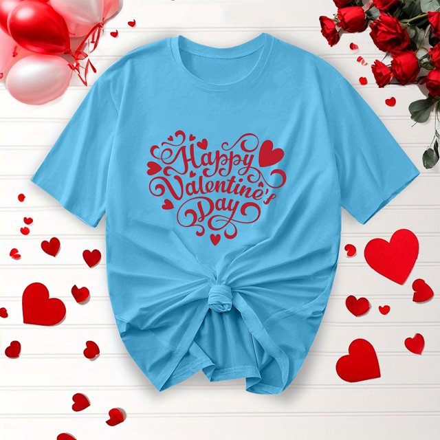 Offres de Vacances Iumwxz Chemises de la Saint-Valentin Tunique Plissée Décontractée Hauts pour Femmes Imprimé Joyeuse Saint-Valentin Hauts Col Rond Manches Courtes T-Shirts pour Femmes Confortables Fête