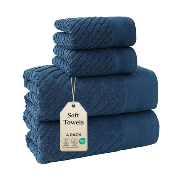 Bxaolu Bath Towel Set, Cotton Bathroom Towels, Soft and Absorbent, 4 Piece Towel Set Include 2 Bath Towels, 2 Washcloths, Blue