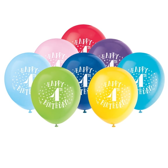 Unique Industries Latex 16" Multi-color Graphic Prints Happy 4th Birthday Balloons, 8 Count