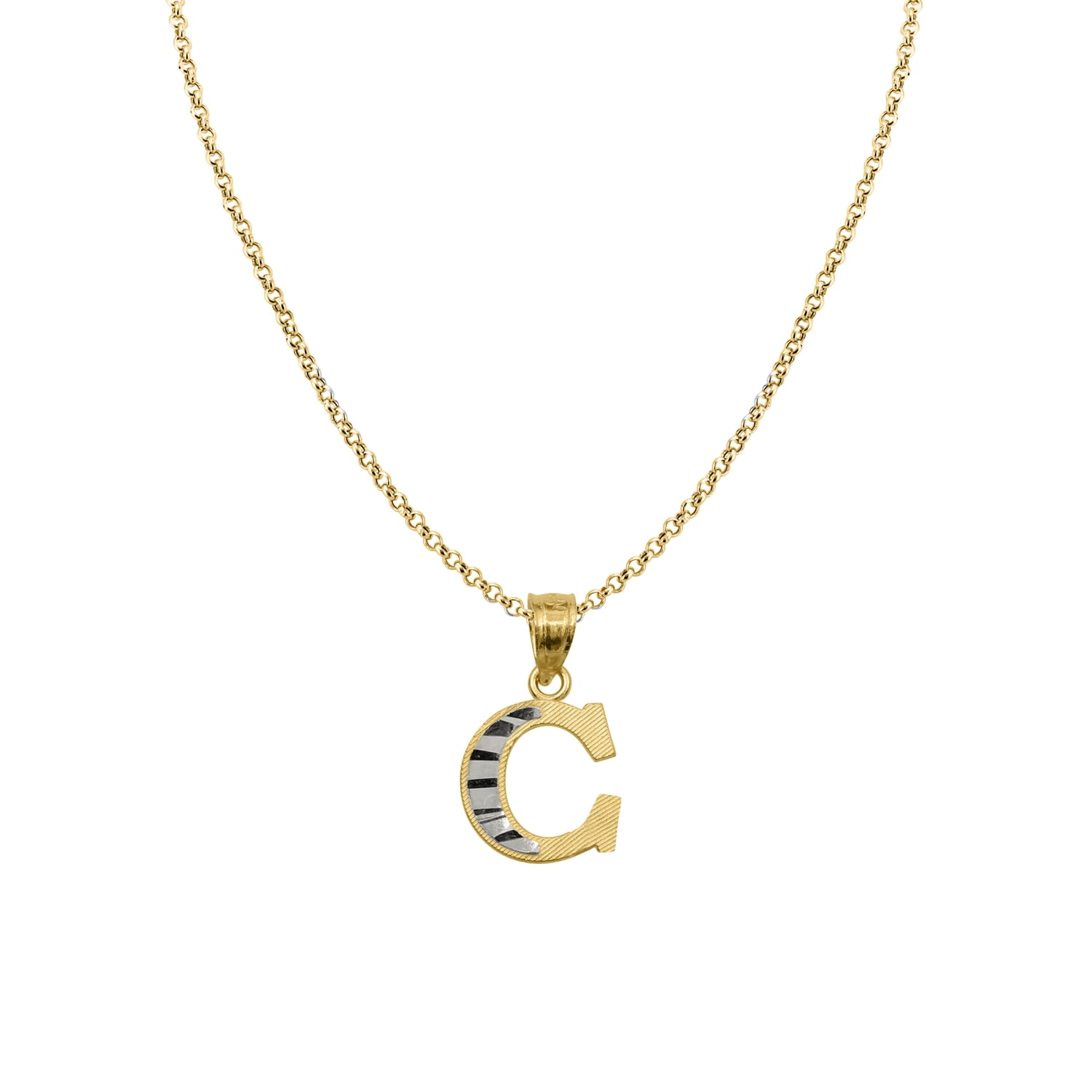 Precious Stars 14K Two-Tone Gold Diamond-Cut Initial Letter 'C' Pendant with 16" Chain Necklace