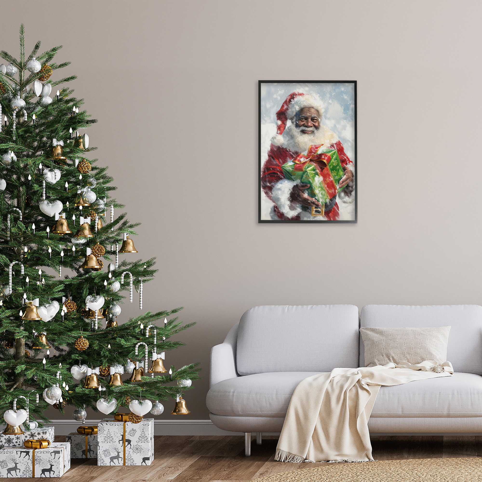 Stupell Industries Santa Claus & Gift Holiday Painting Black Framed Art Print Wall Art, 20 x 30
