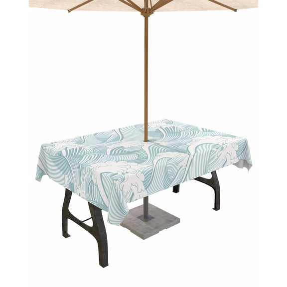 Hokiten Outdoor Tablecloths with Umbrella Hole & Zipper, Turquoise Ocean Waves Rectangle Tablecloth 60x120 Inch, Moire Seaside Abstract Art Waterproof Table Cloth, Patio/Pool/Picnic Table Covers