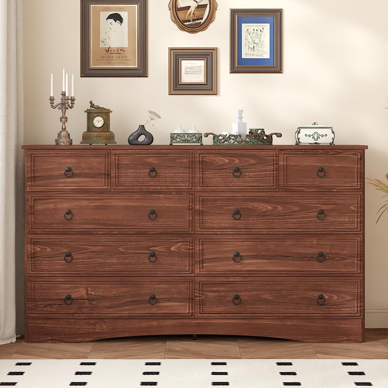 Meteorleg 10 Drawers Dresser for Bedroom, 55.2 Inch Wide Large Dressers & Chests of Drawers, TV Stand for 65 inch, Storage Organizer Furniture, Hallway, Entryway, Closet,Cherry