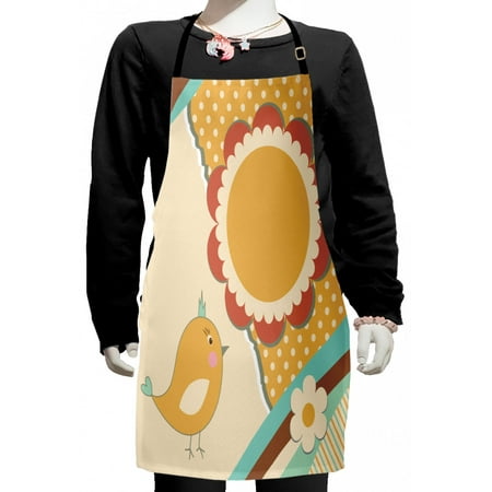 

Doodle Kids Apron Little Bird with a Giant Flower on a Dotted Background Retro Inspired Print Boys Girls Apron Bib with Adjustable Ties for Cooking Baking Painting Multicolor by Ambesonne