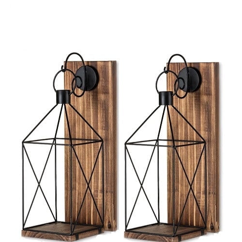 Sziqiqi Wall Candle Sconce Metal Lantern - Indoor Wood Rustic Candle Holder Decorative Black Candle Lantern for Farmhouse Yard Porch Pathway, 13.4" Wall Decorations Home Decor, Brown