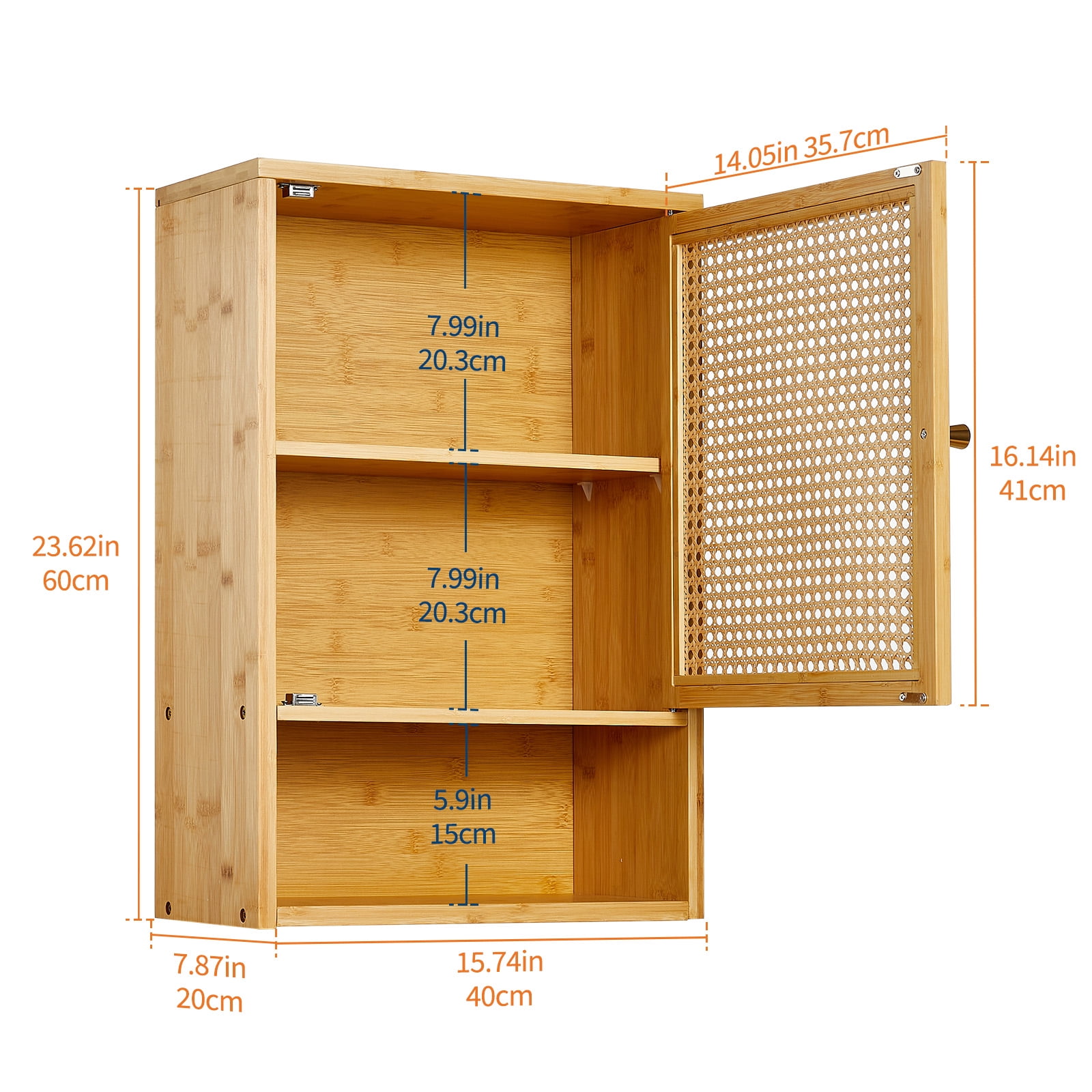 15.74''x 7.87''x 23.62'' Bamboo Bathroom Wall Cabinet with Rattan Door and Adjustable Shelf, Wall Mounted Medicine Cabinet Storage Organizer for Bathroom, Laundry Room, Kitchen, Living Room, Brown