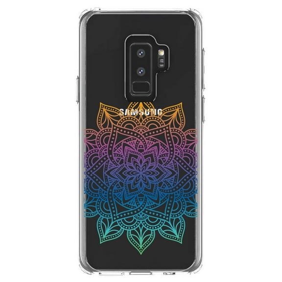 DistinctInk Clear Shockproof Hybrid Case for Samsung Galaxy S9  PLUS (6.2" Screen) - TPU Bumper Acrylic Back Tempered Glass Screen Protector - Rainbow Gradient Mandala
